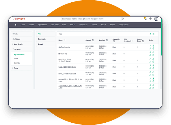 Team Document Access LionO360 CRM